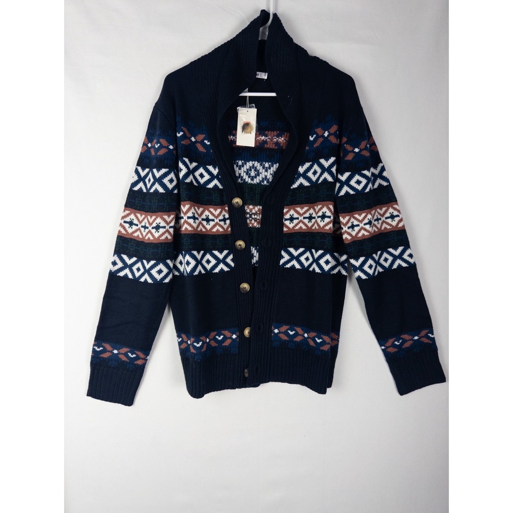 NWT H2H Fair Isle Sweater Mens L Cardigan Knit Button Up Wrap Neck Long Sleeve